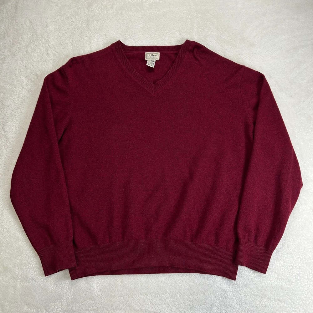 L.L. Bean Sweater Mens L Maroon Cashmere Wool Classic Dad Pullover V-Neck Ribbed